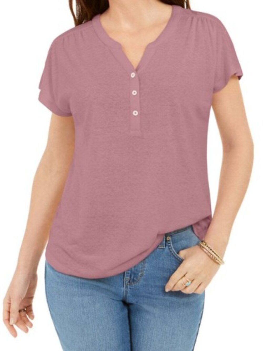 Style & Co Womens Dolman Sleeve Henley Linen Blend Top